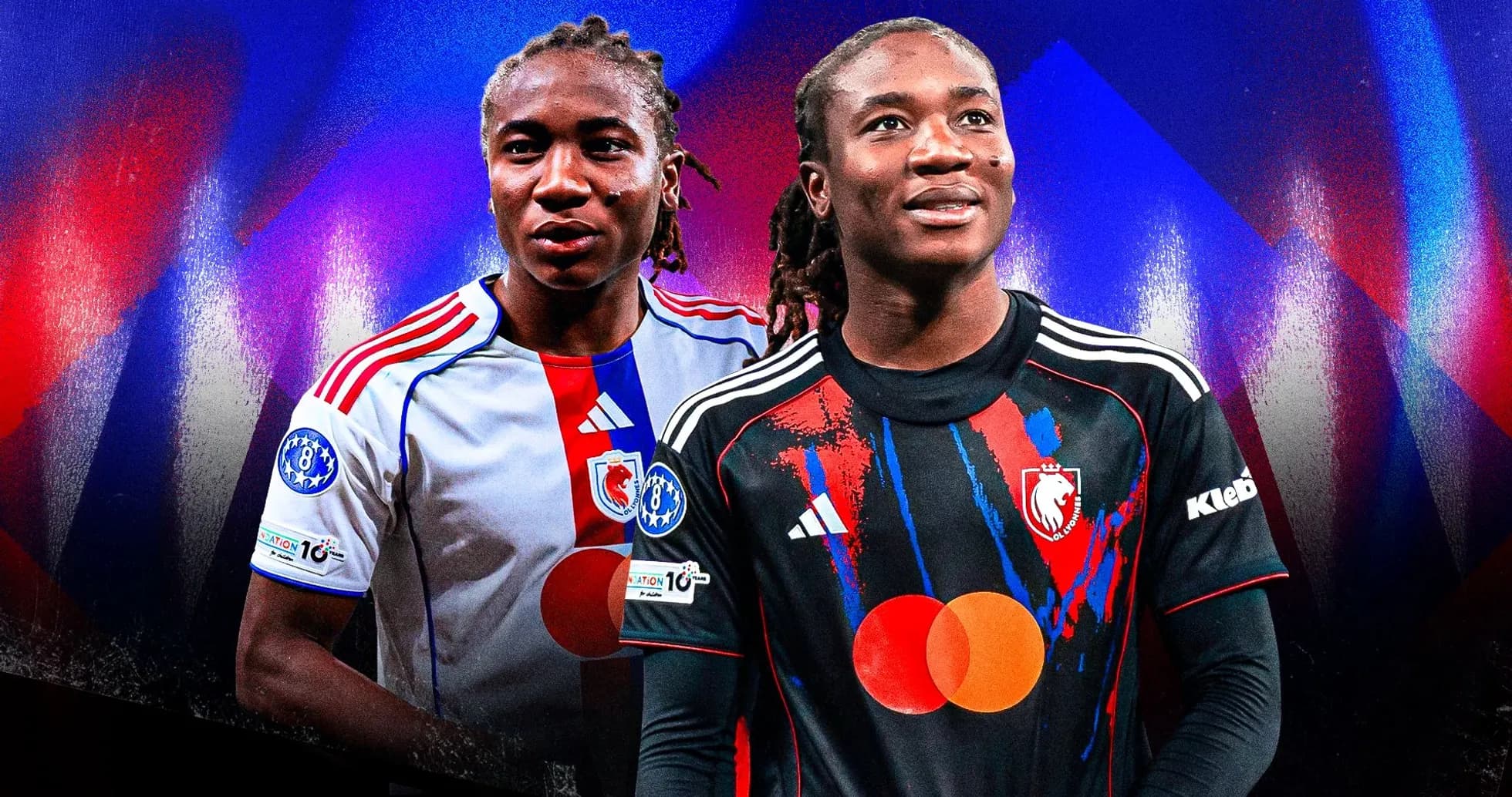 Two players in football kits against colorful background Two players in football kits against colorful background
