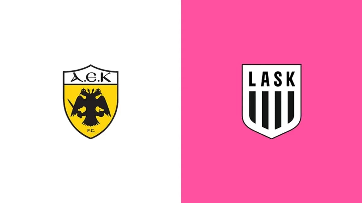 Logos of AEK Athens and LASK Linz on contrasting backgrounds Logos of AEK Athens and LASK Linz on contrasting backgrounds