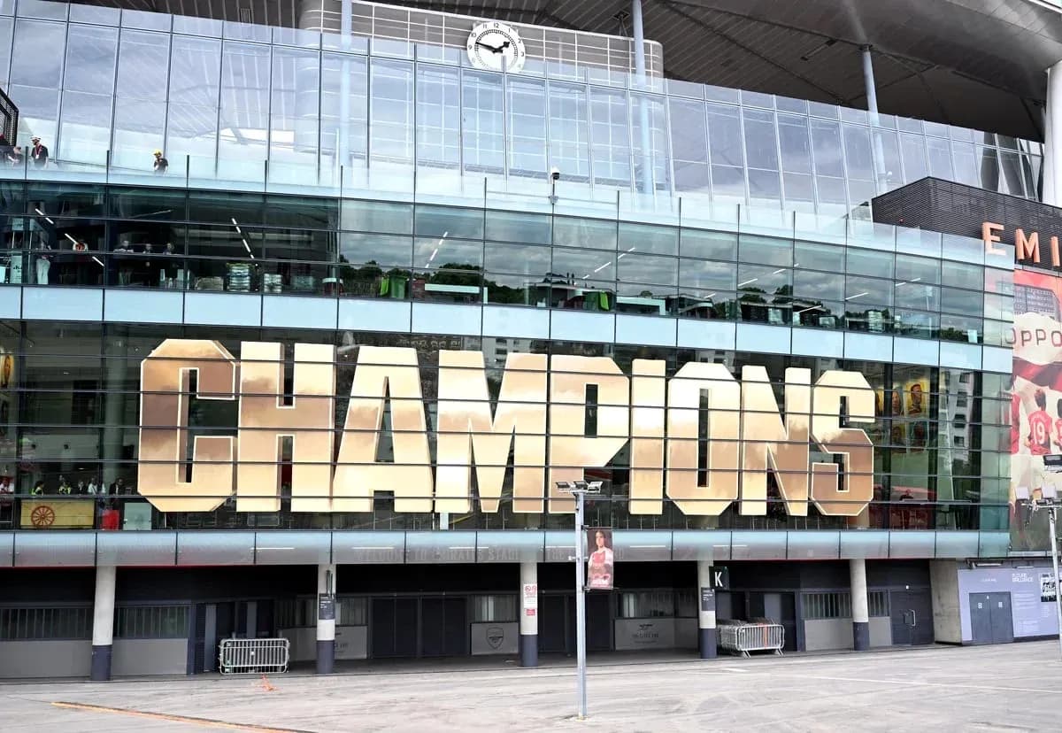 Exterior of Emirates Stadium displaying 'CHAMPIONS' sign Exterior of Emirates Stadium displaying 'CHAMPIONS' sign