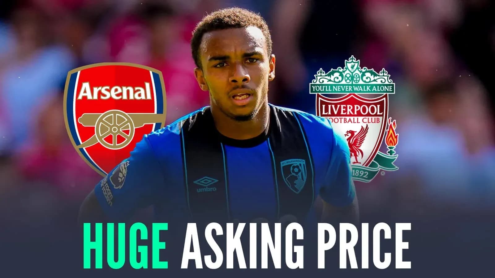Player from Bournemouth with Arsenal and Liverpool logos Player from Bournemouth with Arsenal and Liverpool logos