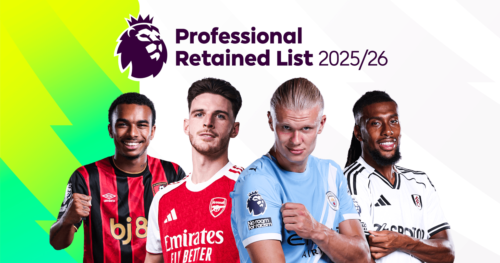 Four football players showcasing club jerseys for 2025/26 Four football players showcasing club jerseys for 2025/26