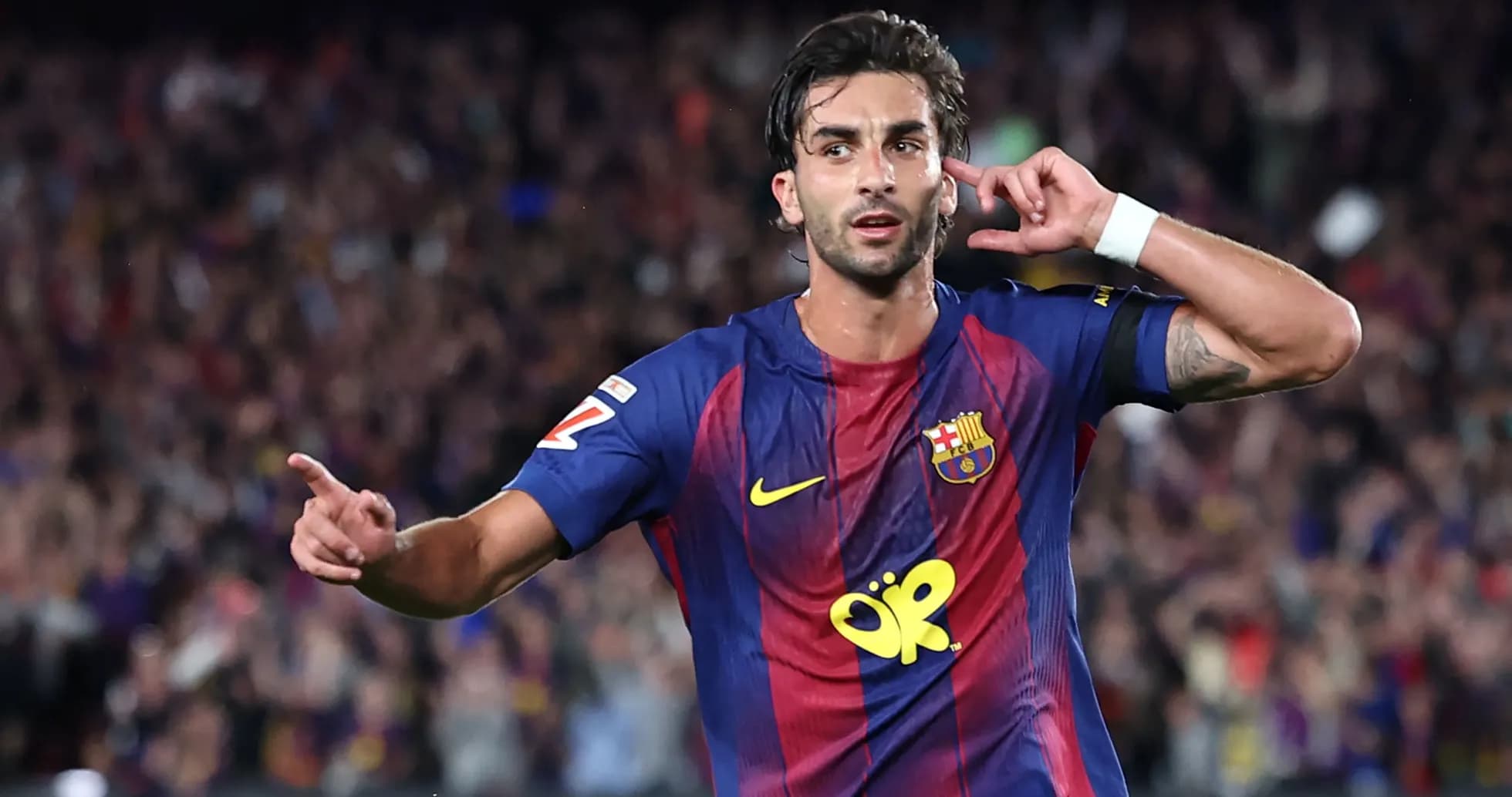 Player celebrating a goal for FC Barcelona Player celebrating a goal for FC Barcelona