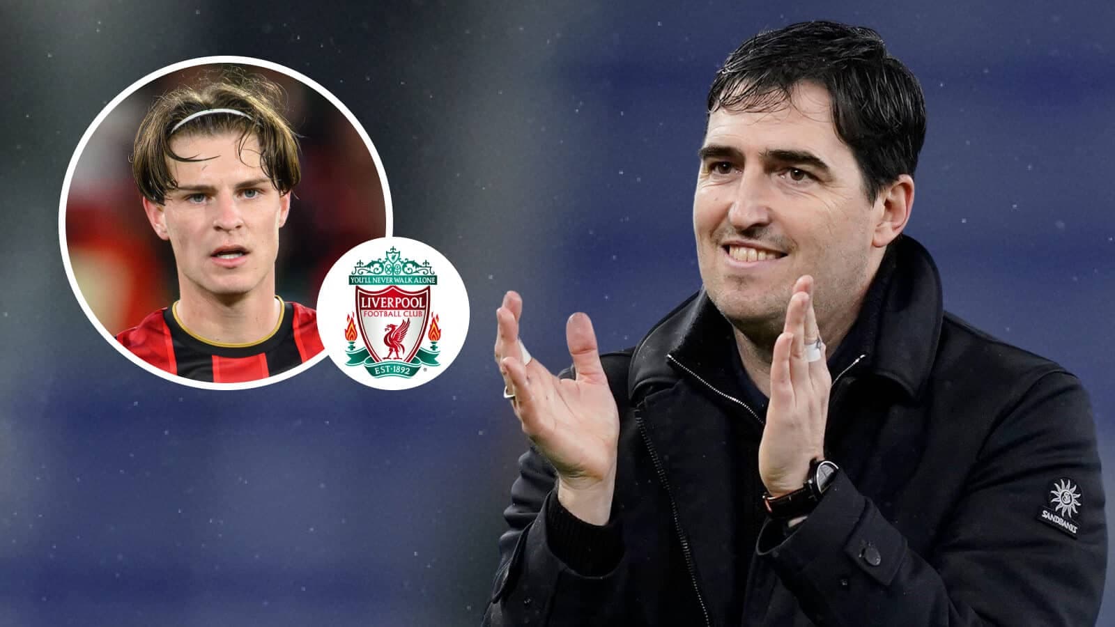 Coach applauding with player image and Liverpool logo Coach applauding with player image and Liverpool logo