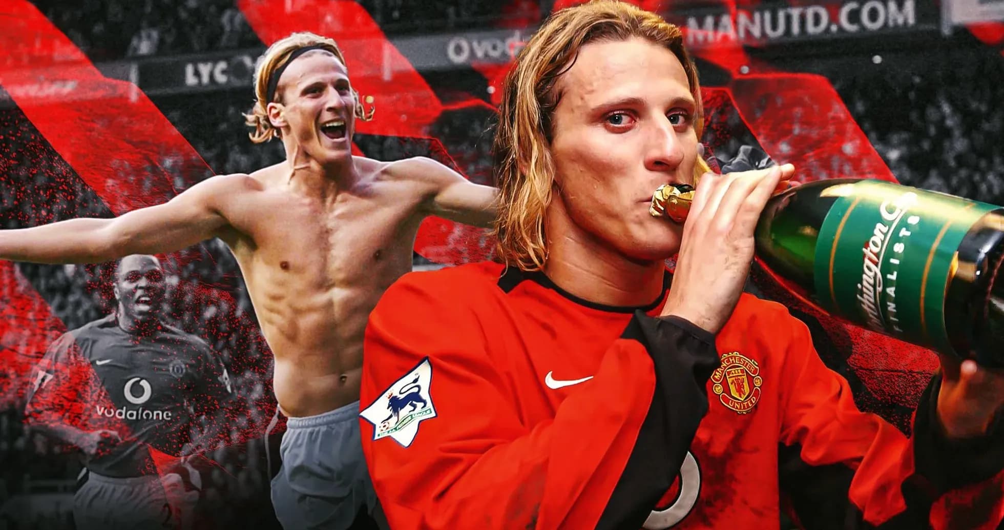 Player celebrating with champagne and teammates in background Player celebrating with champagne and teammates in background