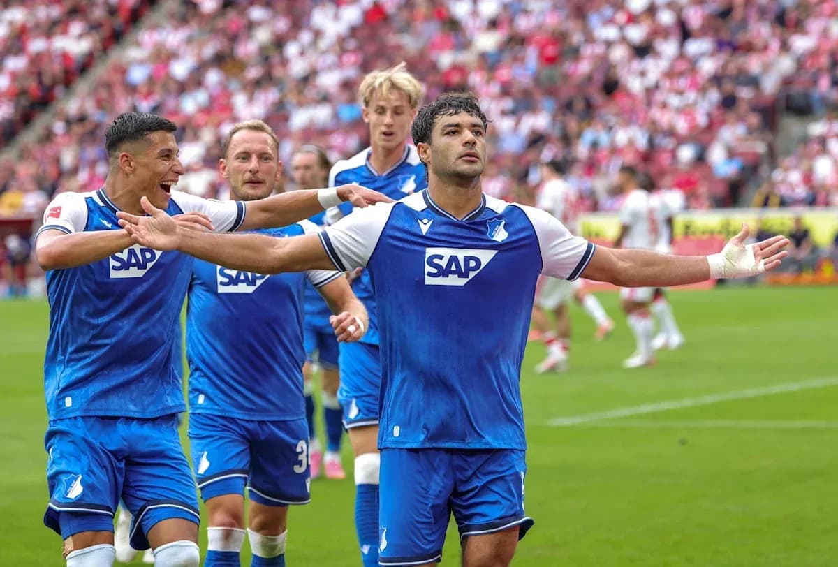 Hoffenheim players celebrating a goal on field Hoffenheim players celebrating a goal on field