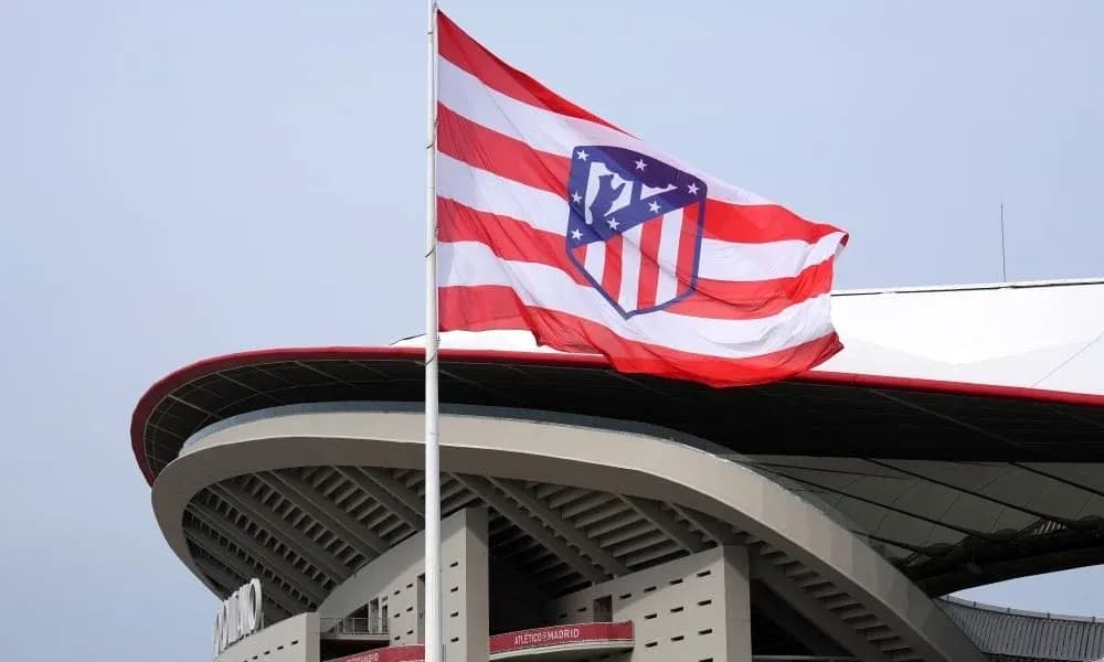 Atletico Madrid flag waving outside stadium Atletico Madrid flag waving outside stadium