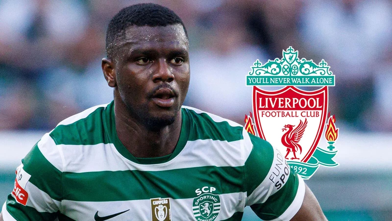 Player in Sporting CP jersey with Liverpool logo Player in Sporting CP jersey with Liverpool logo