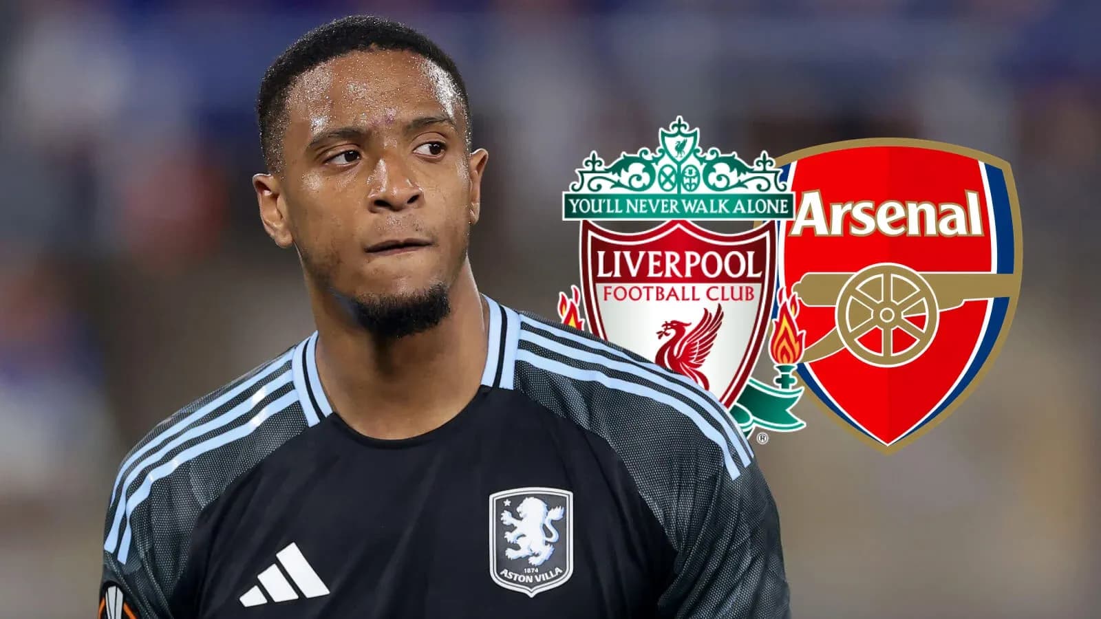 Goalkeeper with Liverpool and Arsenal logos in background Goalkeeper with Liverpool and Arsenal logos in background