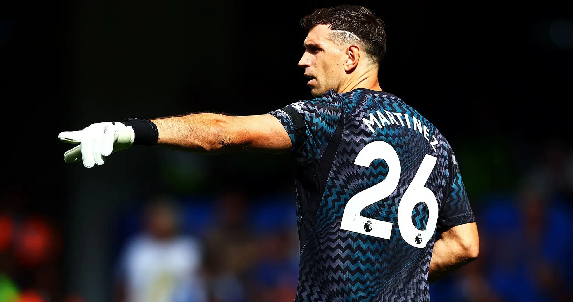 Goalkeeper Emiliano Martinez directing play on the field Goalkeeper Emiliano Martinez directing play on the field