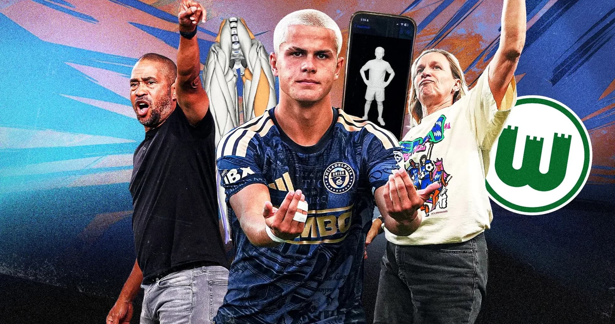 Three individuals celebrating with sports team logos Three individuals celebrating with sports team logos