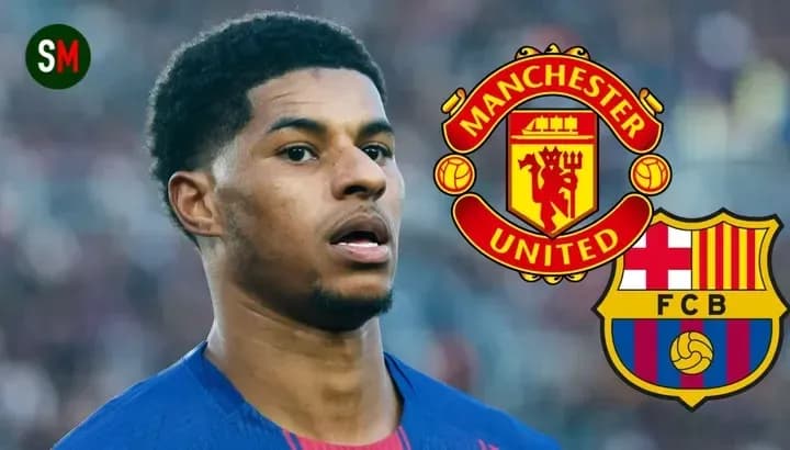 Player with Manchester United and Barcelona logos Player with Manchester United and Barcelona logos