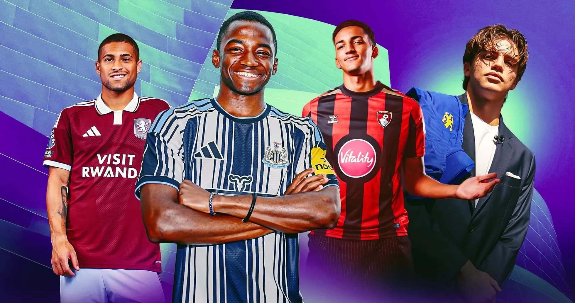 Four football players in team jerseys and casual wear Four football players in team jerseys and casual wear