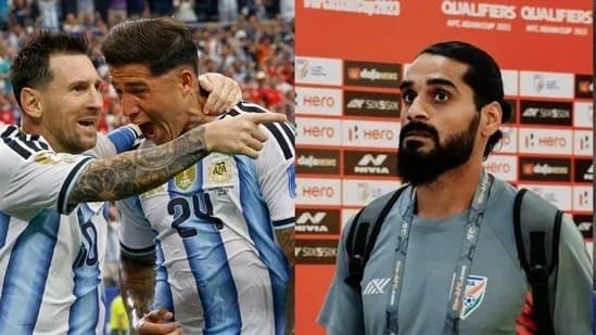 Argentina players celebrating a goal and a man at press conference Argentina players celebrating a goal and a man at press conference