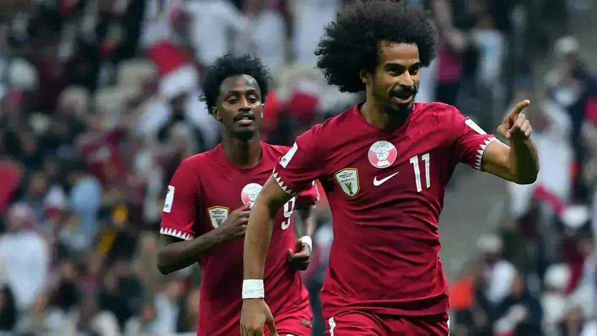 Qatar players celebrating during World Cup match Qatar players celebrating during World Cup match
