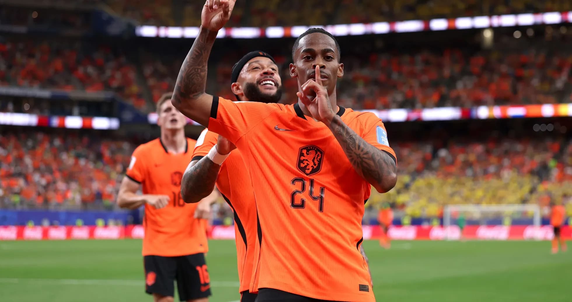 Dutch players celebrating a goal during the match Dutch players celebrating a goal during the match