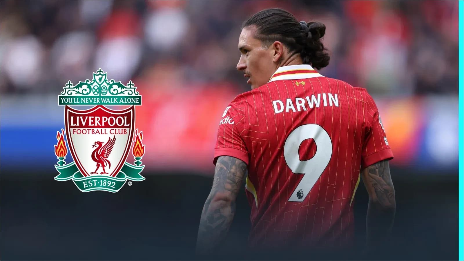 Player wearing Liverpool jersey with name Darwin and number 9 Player wearing Liverpool jersey with name Darwin and number 9