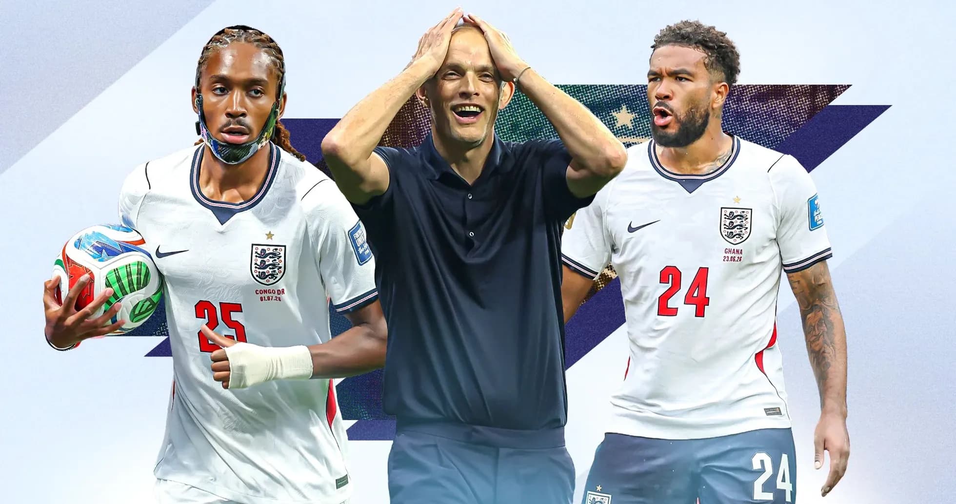 Three football players and coach in England jerseys Three football players and coach in England jerseys