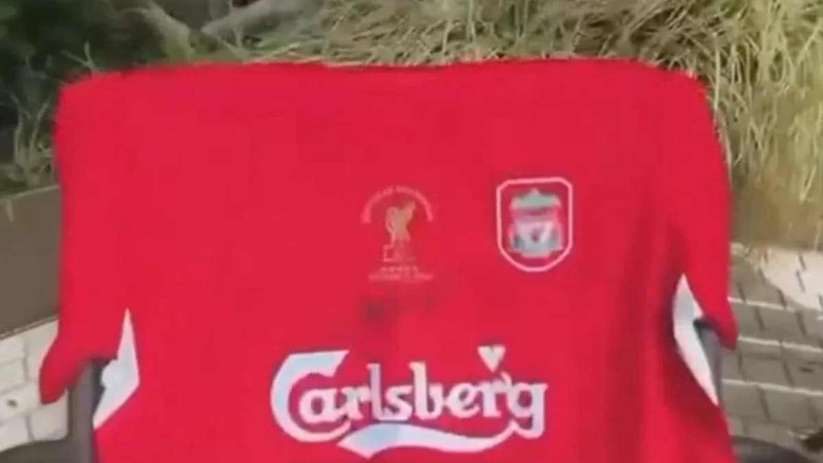 Liverpool FC jersey displayed outdoors Liverpool FC jersey displayed outdoors