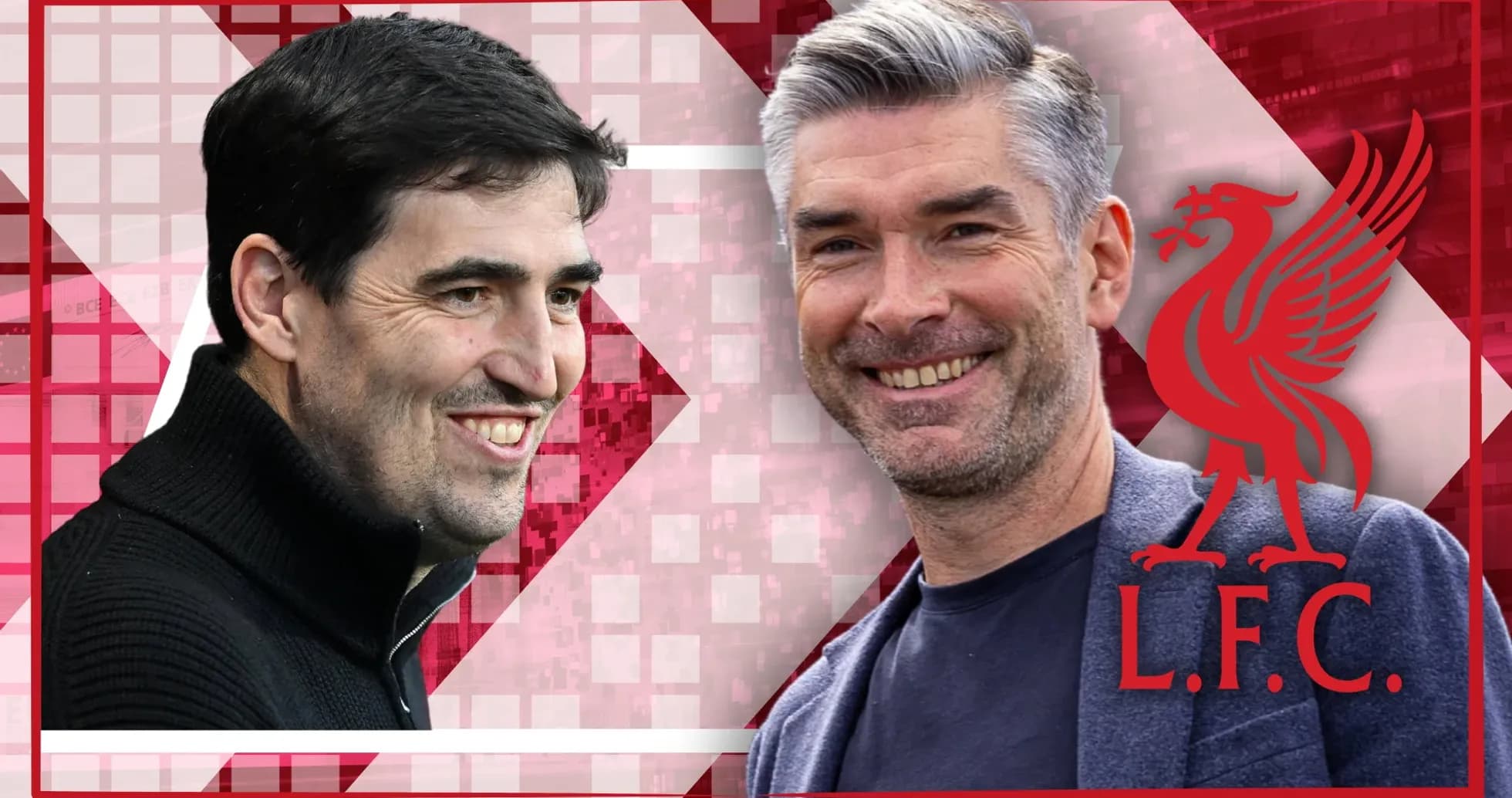 Two coaches smiling with Liverpool logo in background Two coaches smiling with Liverpool logo in background