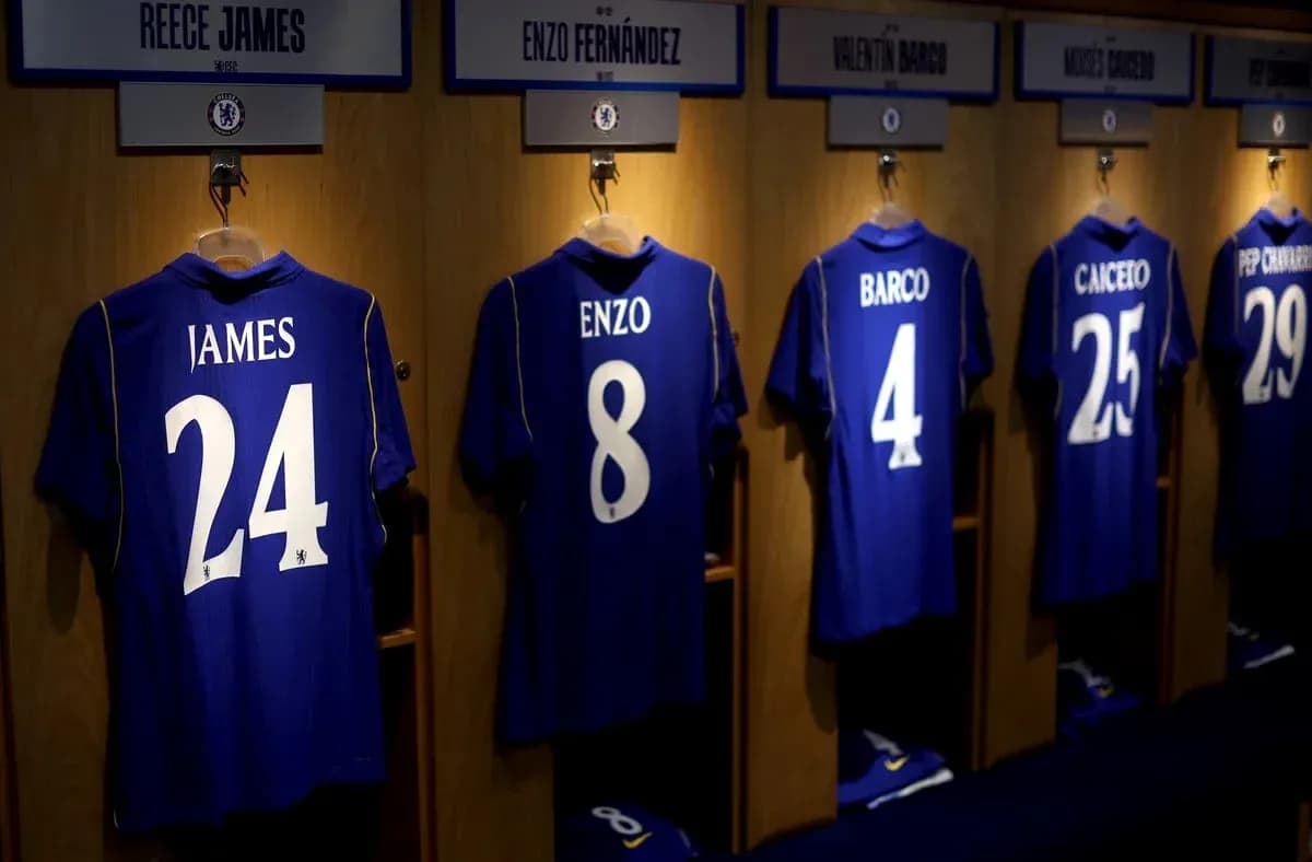 Chelsea jerseys hanging in locker room Chelsea jerseys hanging in locker room