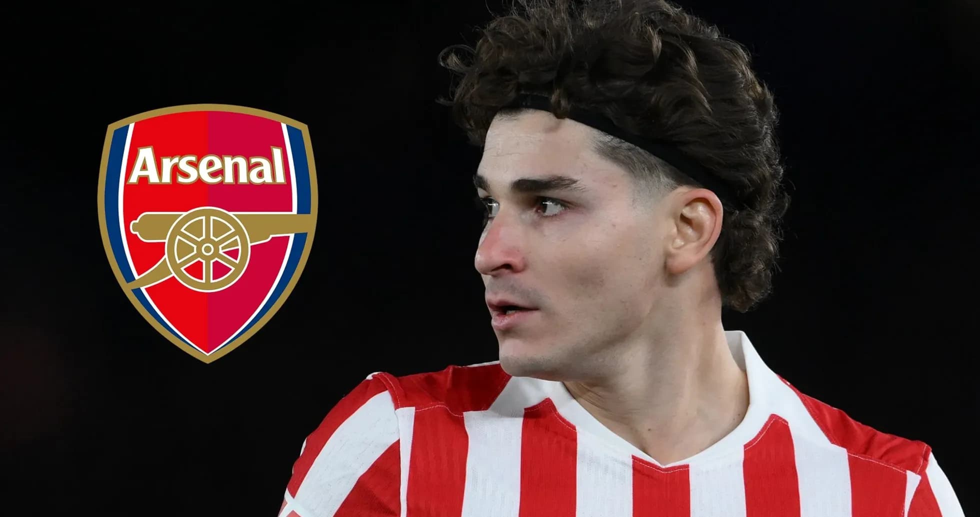 Player in red and white stripes next to Arsenal logo Player in red and white stripes next to Arsenal logo