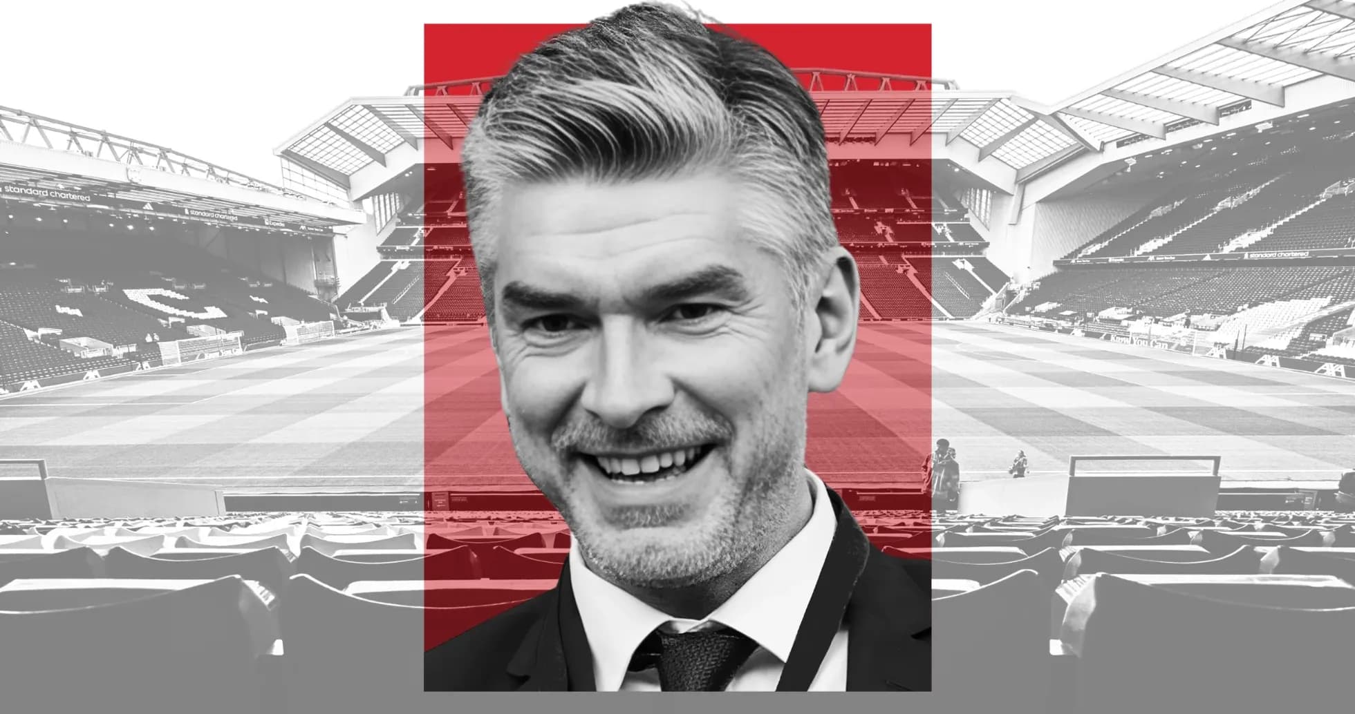 Man smiling in front of a football stadium Man smiling in front of a football stadium