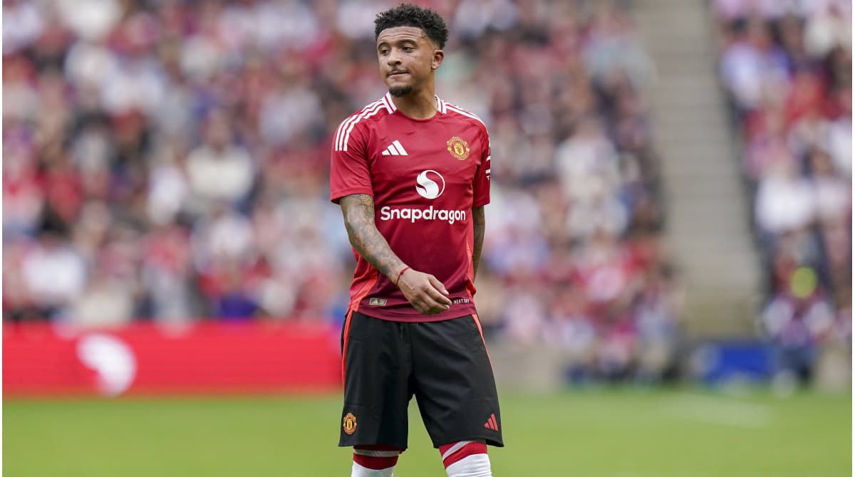 Jadon Sancho in Manchester United jersey during match Jadon Sancho in Manchester United jersey during match