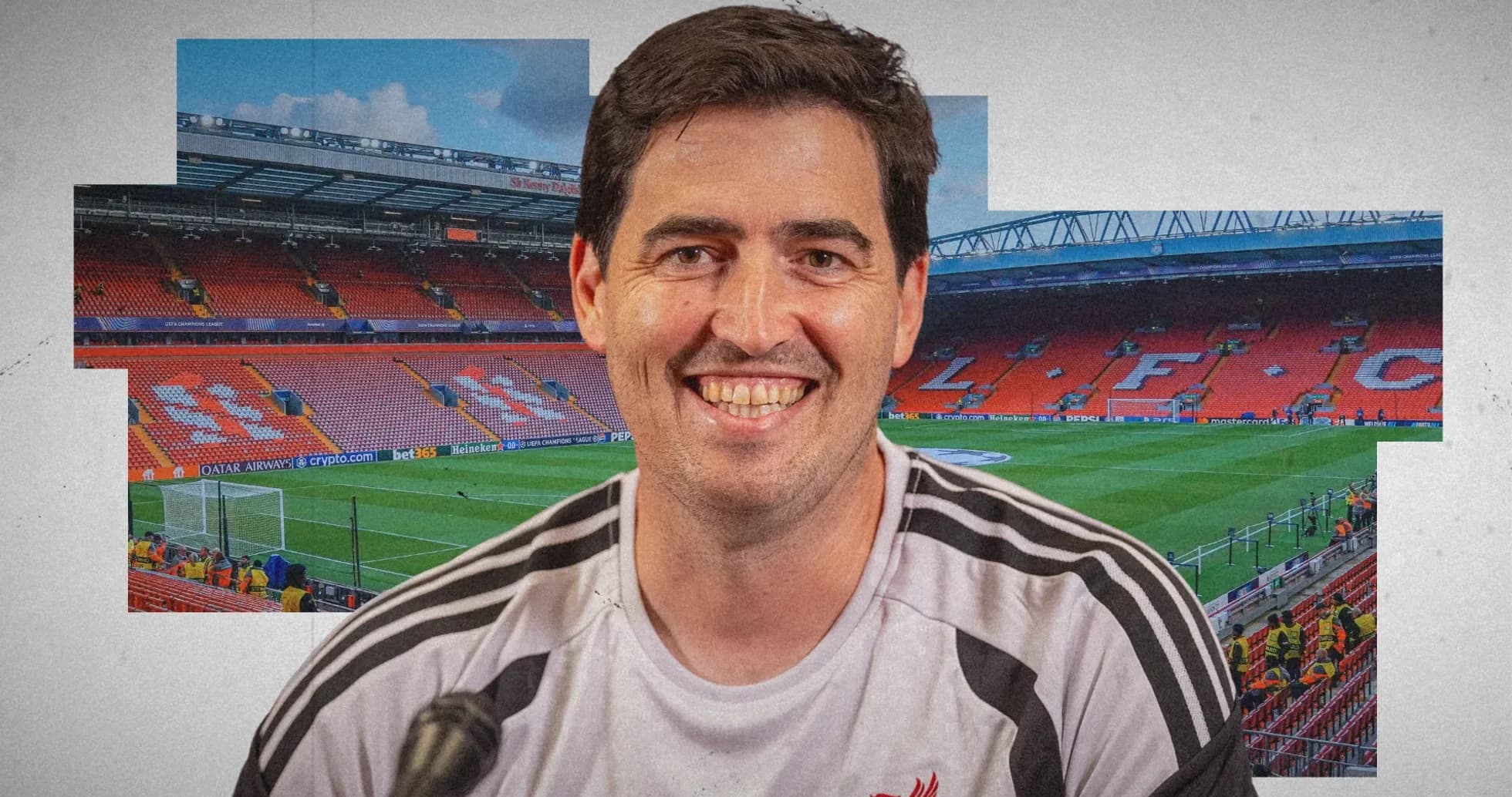 Man smiling in front of Anfield stadium backdrop Man smiling in front of Anfield stadium backdrop