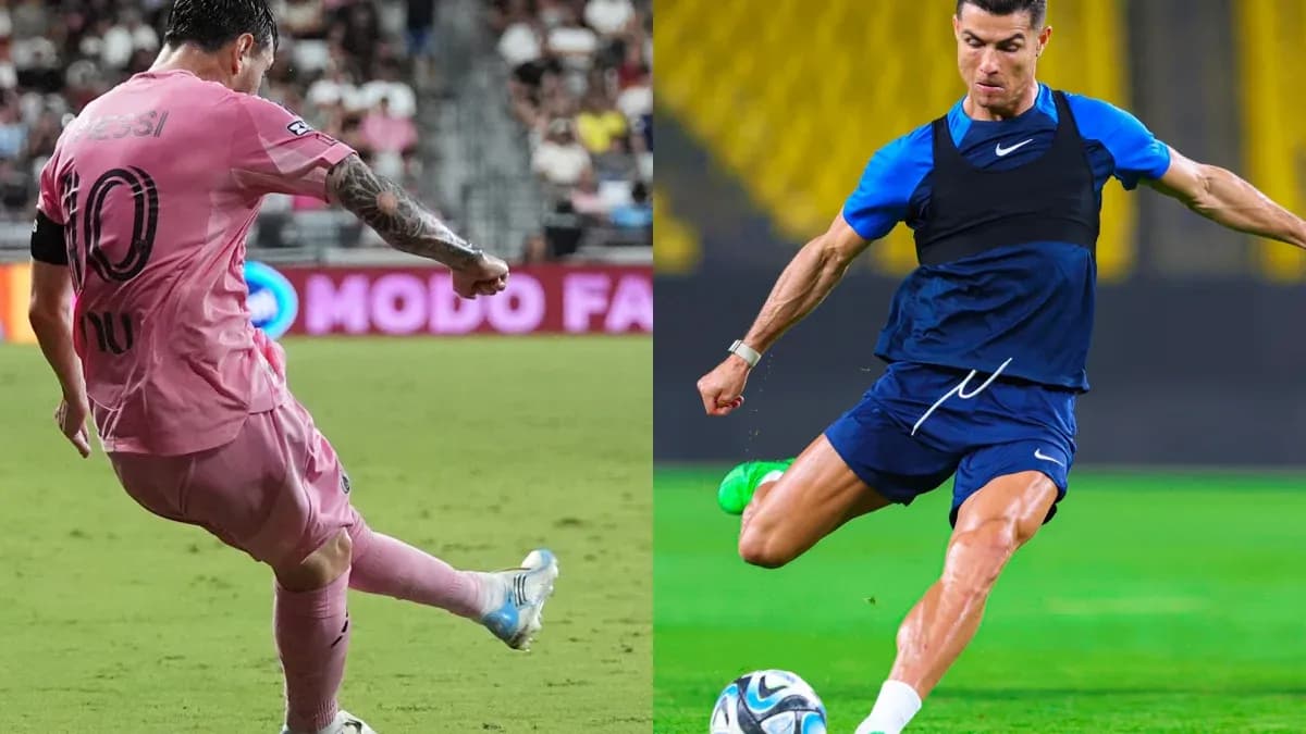 Messi kicking a ball in pink kit, Ronaldo training Messi kicking a ball in pink kit, Ronaldo training
