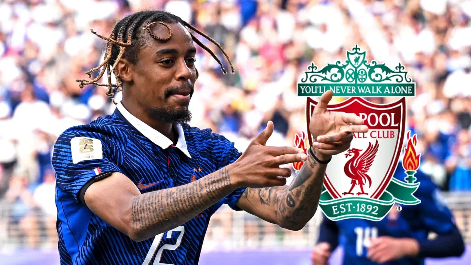Player celebrating during match with Liverpool logo Player celebrating during match with Liverpool logo