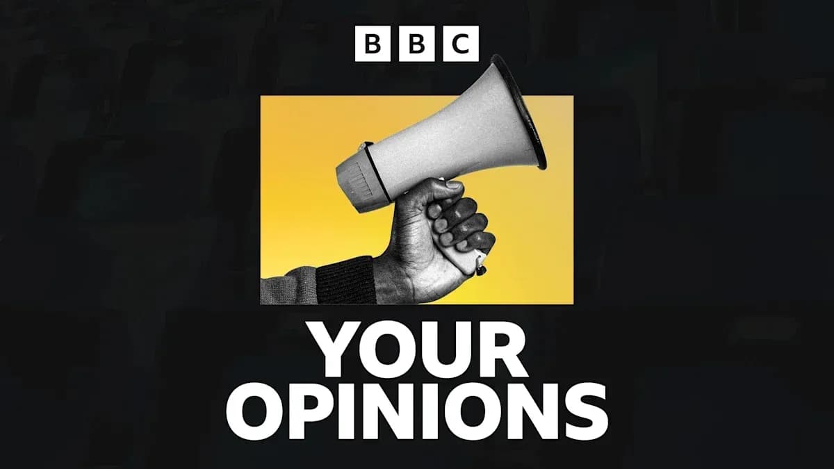 Hand holding a megaphone with text 'YOUR OPINIONS' Hand holding a megaphone with text 'YOUR OPINIONS'