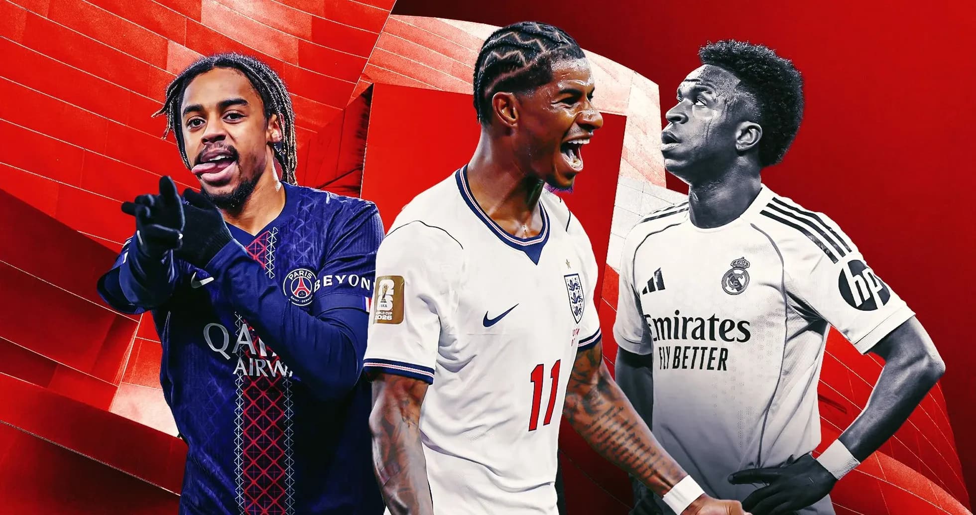 Three football players in club jerseys against red background Three football players in club jerseys against red background