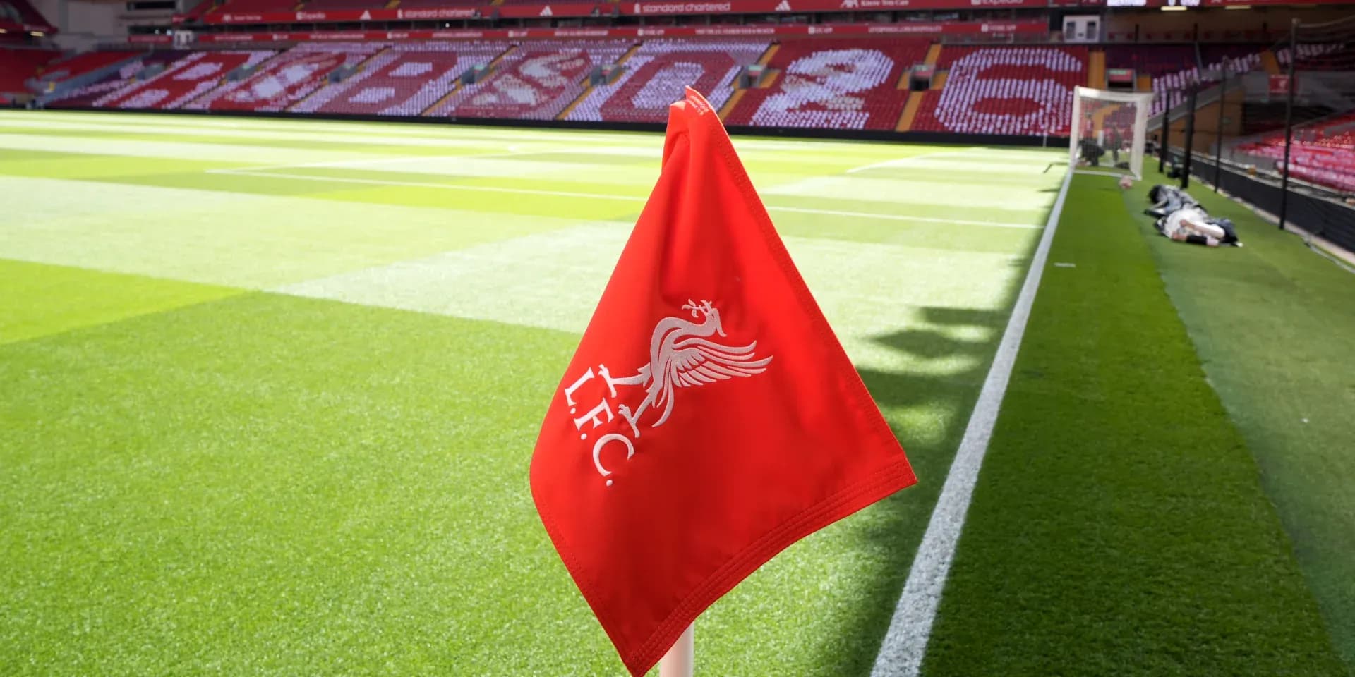 Liverpool FC corner flag at Anfield stadium Liverpool FC corner flag at Anfield stadium
