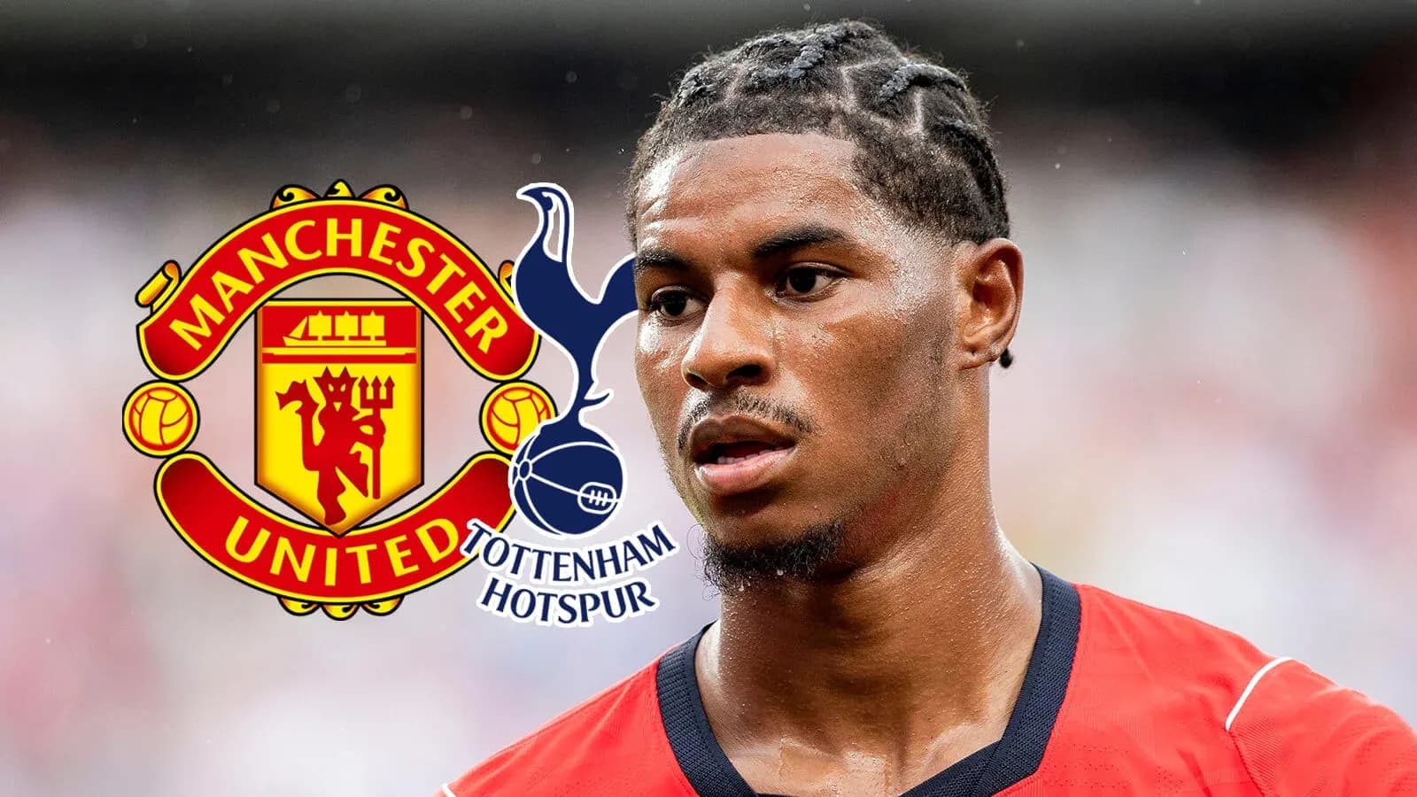 Player in red jersey with Manchester United and Tottenham logos Player in red jersey with Manchester United and Tottenham logos