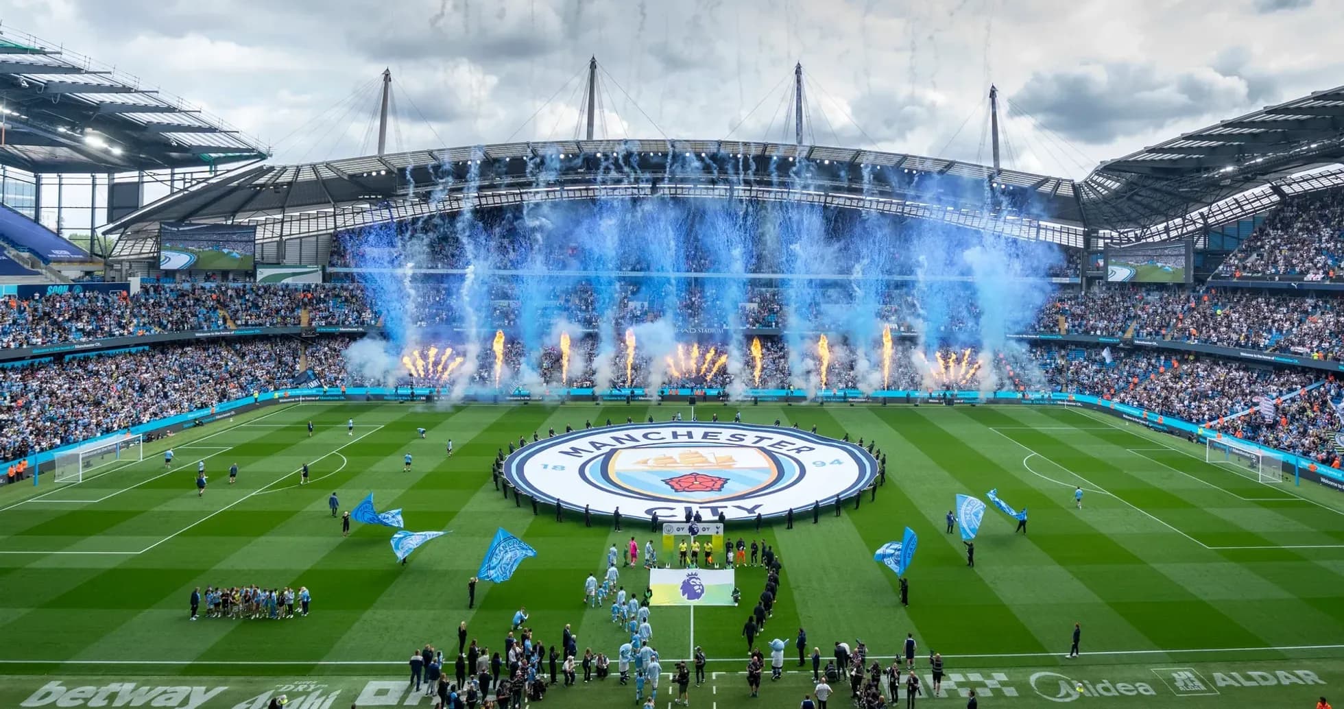 Manchester City stadium with pre-match celebrations Manchester City stadium with pre-match celebrations