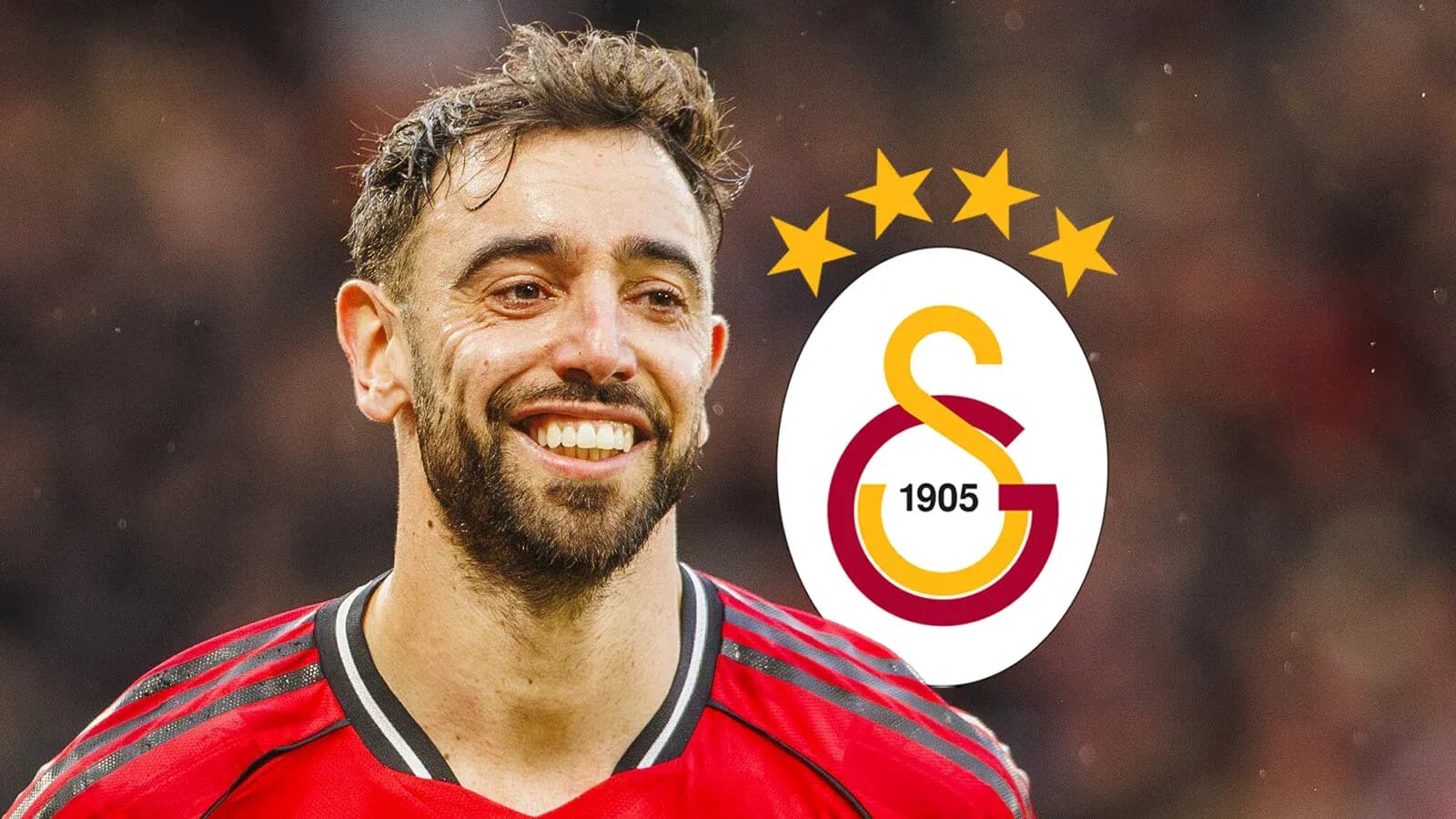 Bruno Fernandes smiling with Galatasaray logo background Bruno Fernandes smiling with Galatasaray logo background
