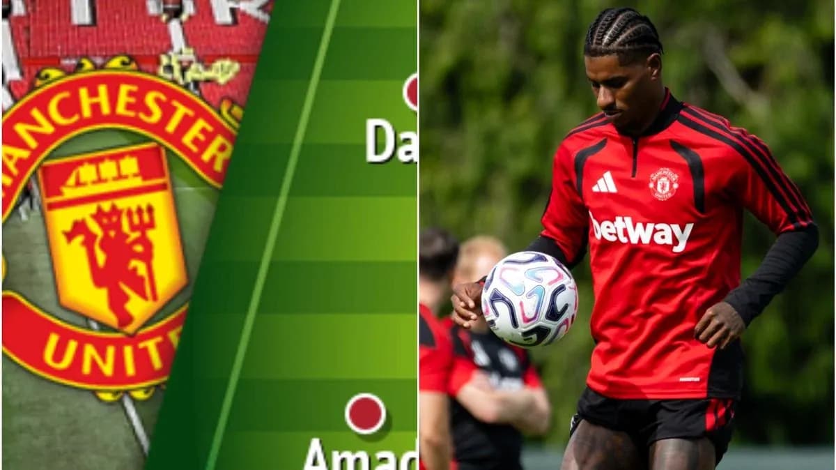 Manchester United logo and player training with ball Manchester United logo and player training with ball